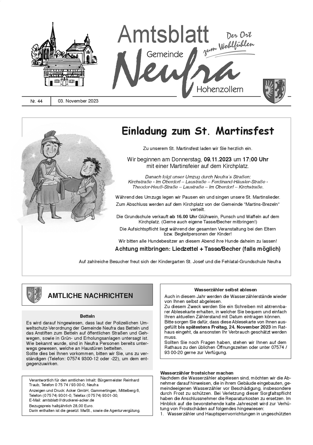  Das Bild zeigt die Titelseite des Amtsblatts Nummer 44 vom 3. November 2023 